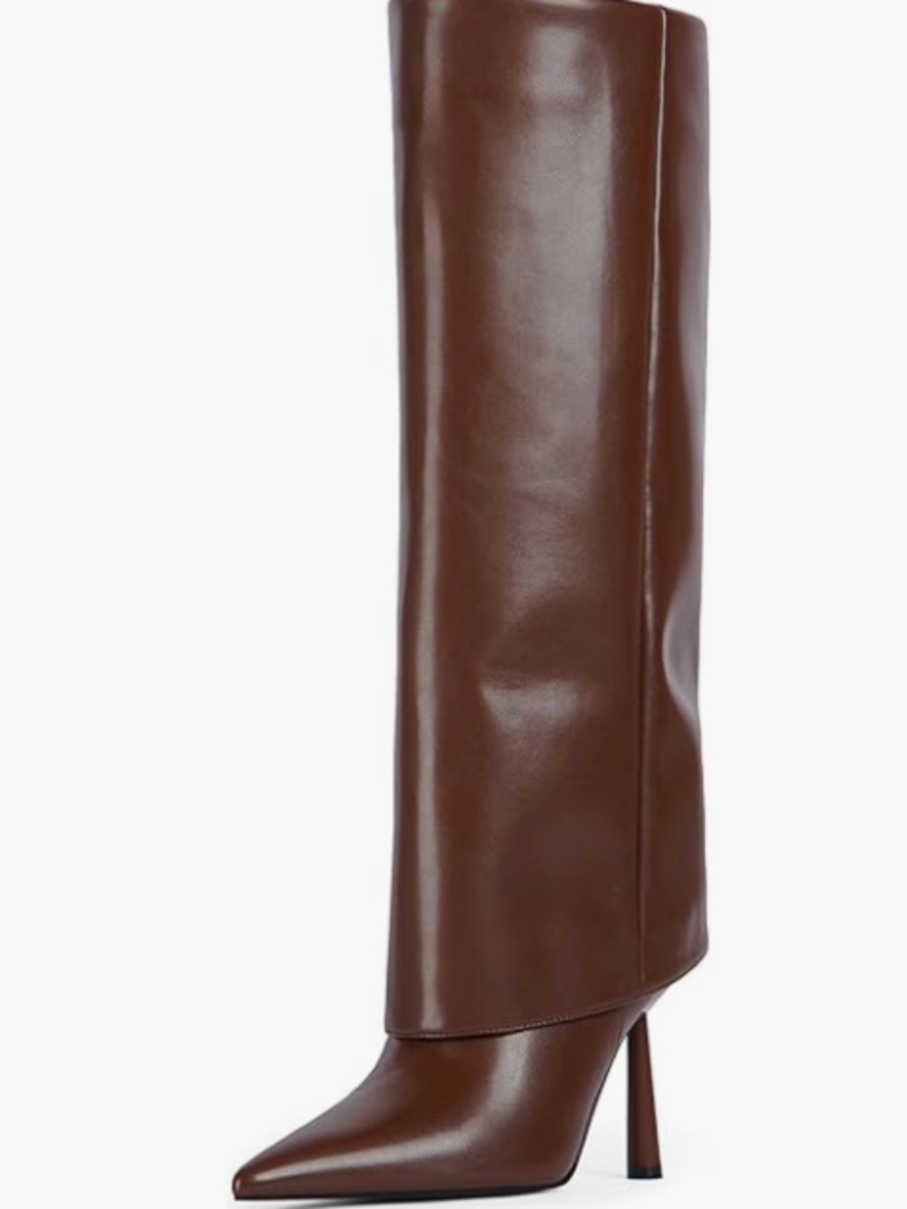 Brown Fold Over Knee High Boots Pointed Toe Heel Tall Boots Side Zipper 10